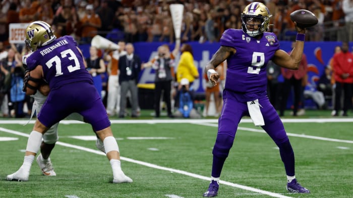 Washington Huskies quarterback Michael Penix Jr. passes the ball against the Texas Longhorns in the 2024 Sugar Bowl.